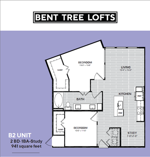 Floor plan for 2 beds, 1 bath, 941 sqft